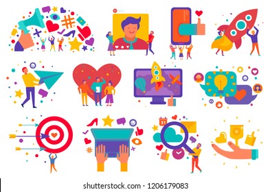 Digital marketing icons set with advertising media search of creative decisions start up support isolated vector illustration