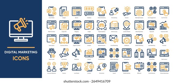 Digital Marketing icons set collection. Covering social media, SEO, content creation, email marketing, and analytics. Ideal for campaigns, websites, presentations, and marketing strategies.