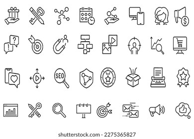 Digital marketing icons set. Content, search, marketing, ecommerce, seo, electronic devices, internet, analysis, social and more line icon.
