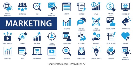 Digital marketing icons set. Content, search, marketing, ecommerce, seo, electronic devices, internet, analysis, social and more flat icon.