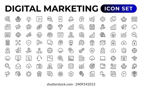 Digital marketing icons set. Content, search, marketing, ecommerce, seo.
