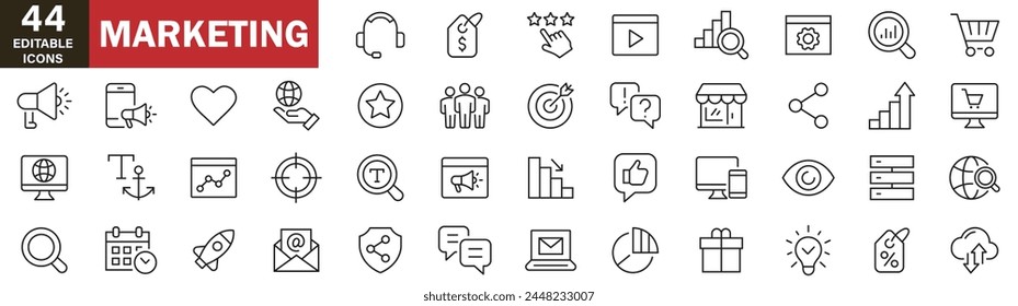 Digital marketing icons set. Content, search, marketing, ecommerce, seo, electronic devices, internet, analysis, social and more line icons on white background 