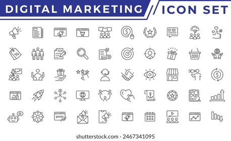 Digital marketing icons set. Content, search, marketing, ecommerce, seo, electronic devices, internet, analysis, social and more line icon.