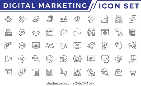 Conjunto de iconos de marketing digital. Contenido, búsqueda, marketing, ecommerce, seo, dispositivos electrónicos, internet, análisis, social y más icono de línea.