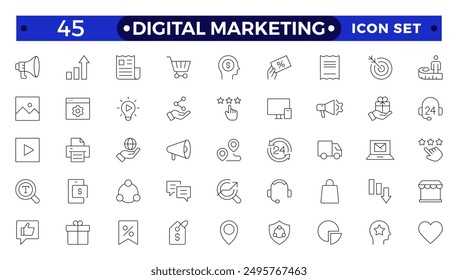 Digital marketing icons set. Content, search, marketing, ecommerce, seo, electronic devices, internet, analysis, social  outline icon set.
