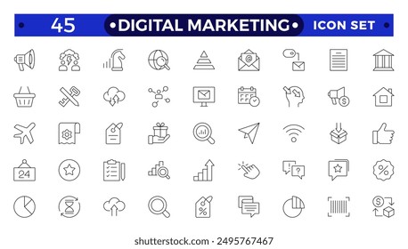 Digital marketing icons set. Content, search, marketing, ecommerce, seo, electronic devices, internet, analysis, social  outline icon set.

