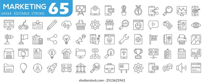 Conjunto de iconos de marketing digital. Contenido, búsqueda, marketing, comercio electrónico, dispositivos electrónicos, Internet, análisis, redes sociales y más icono plano.