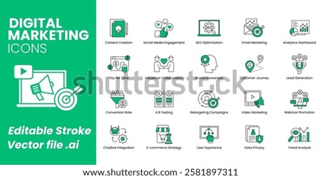 Digital Marketing Icons Set. Content Creation, Social Media Engagement, SEO Optimization, Pay Per Click, Lead Generation, and Key Marketing Strategies. Vector Icon Set.