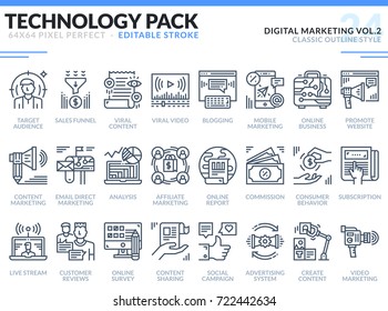 Digital Marketing Icons Set. Editable Stroke. Technology outline icons pack. Pixel perfect thin line vector icons for web design and website application.