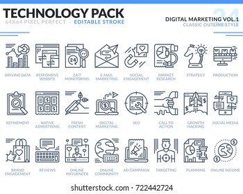 Digital Marketing Icons Set. Editable Stroke. Technology outline icons pack. Pixel perfect thin line vector icons for web design and website application.