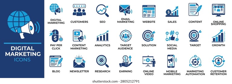 Digital Marketing Icons Set Featuring Seo, Email Marketing, Content Strategy, Analytics, Social Media, Customer Retention and Solid Vector Icon Pack