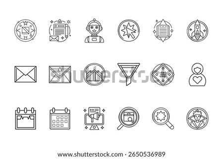 Digital marketing icons set featuring robot, rocket, calendar, magnifying glass, more