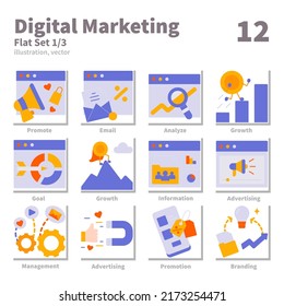 Digital Marketing icons set, Flat, vector and illustration set 1