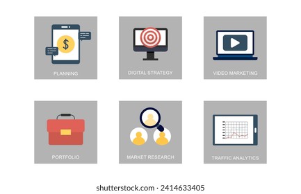 Iconos de marketing digital establecen diseño plano