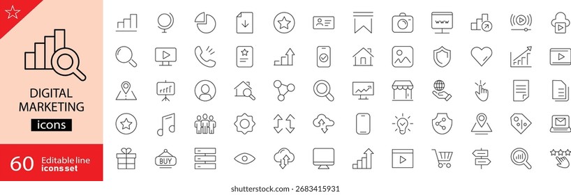 Digital marketing icons set. Includes symbols of SEO, social media, email campaigns, content marketing, analytics, advertising, and online promotion. Editable stroke. Vector illustration. Outline icon