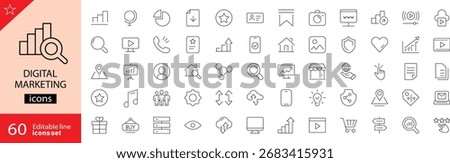 Digital marketing icons set. Includes symbols of SEO, social media, email campaigns, content marketing, analytics, advertising, and online promotion. Editable stroke. Vector illustration. Outline icon