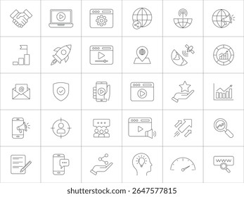 Digital Marketing Icons set in line style. Including digital marketing strategies, video marketing,
SEO, social media, and website analytics. Outline icons, Vector illustration