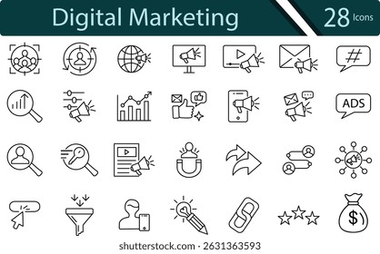 Digital Marketing Icons Set for Online Strategy and Promotion.