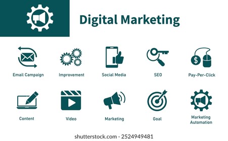 Digital marketing icons. Set of solid vector symbols on the theme of advertising, SEO, social media, email, marketing automation.