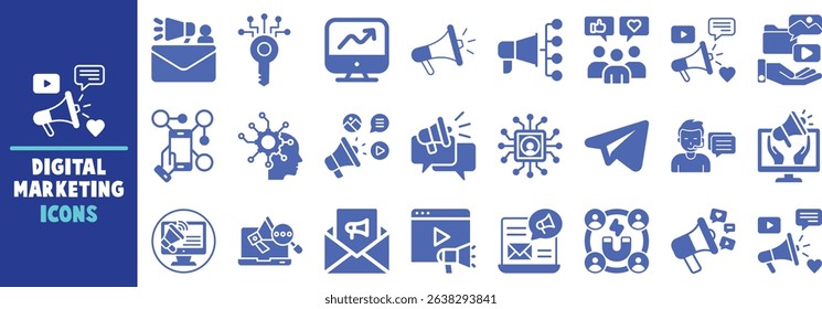Digital marketing icons set strategy promotion branding