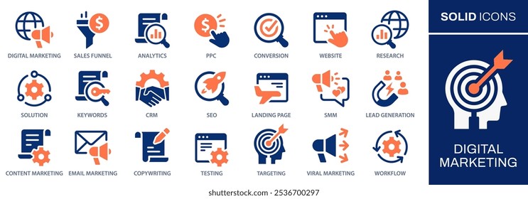 Digital marketing icons, such as analytics, keywords, landing page, website and more. Vector illustration. Easily changes to any color.