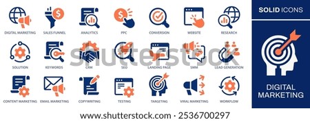 Digital marketing icons, such as analytics, keywords, landing page, website and more. Vector illustration. Easily changes to any color.