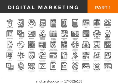 Digital marketing icons, thin line style, big set. Part one. Vector illustration