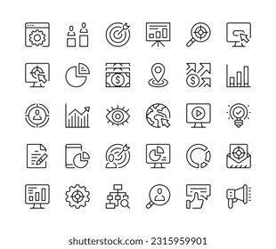 Digital marketing icons. Vector line icons set. SEO, web search, advertising services, analytics, online business, concepts. Black outline stroke symbols