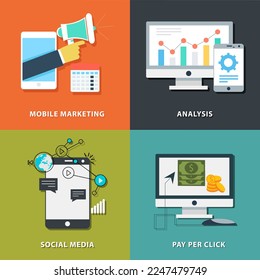Iconos de marketing digital para diseño web, seo, medios sociales y publicidad de internet de pago por clic en diseño plano