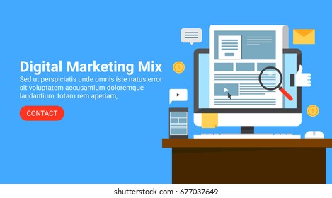Digital marketing ideas, search optimization strategy, social networking flat vector banner with marketing icons isolated on blue background