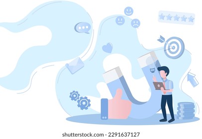 Digital Marketing ideas. Thinking, creating and sharing online content to attract customer satisfaction to purchase product and service. Social media, advertising, pay-per-click (PPC).
