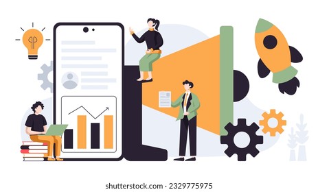 Digital marketing illustration concept in flat vector design style related to business, meeting, finance, strategy, research and development in white background.