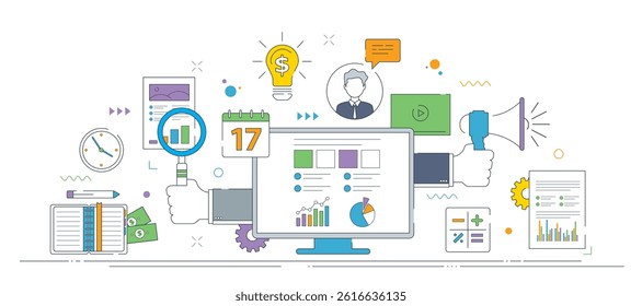 Digital marketing illustration, data analysis, and business strategy tools  with charts and communication icons. Thin line icons design in vector.