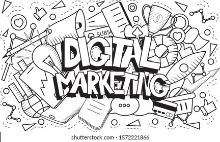 Digital marketing illustration. Includes text and many different social icons. Black and white objects. Digital agency background. For use in posters, banners, advertising, headers, websites.