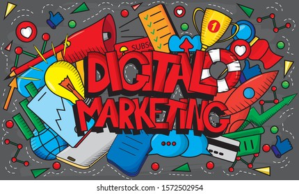 Digital marketing illustration on blackboard. Includes text and many different colorful social and web icons. Digital agency background. For use in posters, banners, advertising, headers, websites.