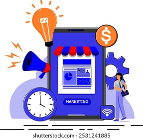 marketing numérique Illustration d'une personne travaillant dans le marketing pour développer une entreprise fonctionne sur les moyennes sociales, en faisant de diverses façons de promouvoir le contenu,
