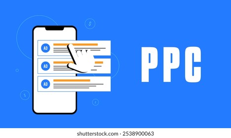 Digital marketing illustration PPC advertising, traffic analysis, targeted ads, revenue growth charts. Visualizing pay-per-click strategies with cursor clicks on ppc ads, ideal for online promotion
