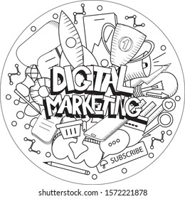 Digital marketing illustration in round. Includes text and many different social icons. Black and white objects. Digital agency background. For use in posters, banners, advertising, headers, websites.