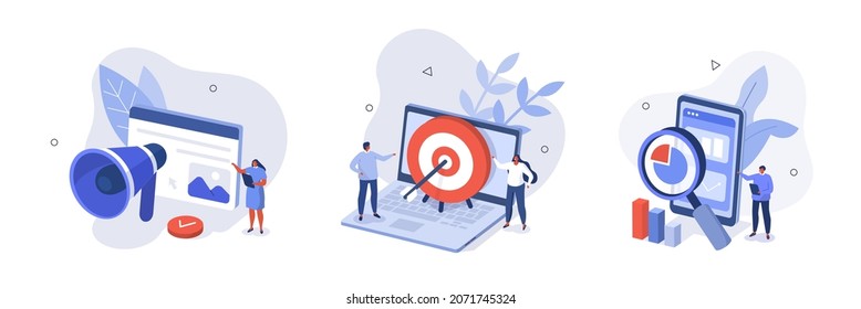 Digital marketing illustration set. Characters promoting product with big loudspeaker, targeting audience, analyzing marketing data on smartphone. Marketing campaign concept. Vector illustration.
