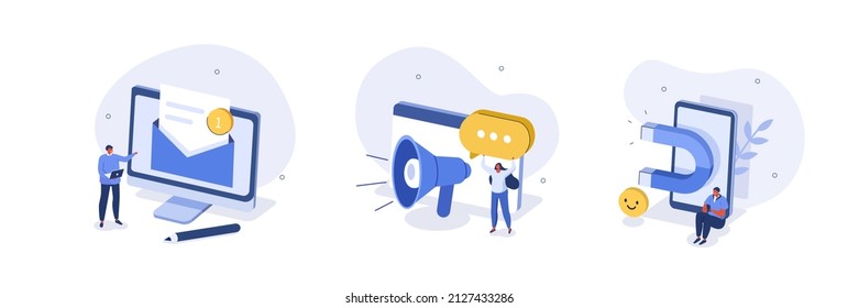 Digital marketing illustration set. Characters integrating with audience on social media platform, sending advertising emails and using marketing strategy to increase followers. Vector illustration.