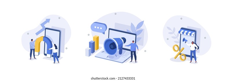Digital marketing illustration set. Characters integrating with audience on social media platform, offering discount and using marketing strategy to increase followers. Vector illustration.
