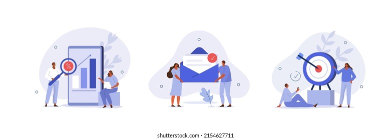 Digital Marketing Illustration Set. Characters Targeting Audience, Sending Advertising Mails And Promotional Offers, Analyzing Marketing Data. Business Concept. Vector Illustration.
