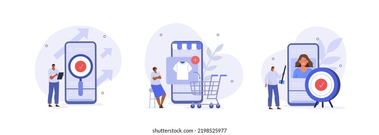 Digital marketing illustration set. Characters analyzing mobile market trends, planning seo optimization and targeting strategy. Business activities concept. Vector illustration.