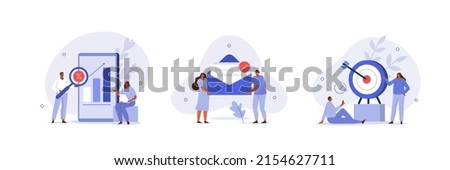 Digital marketing illustration set. Characters targeting audience, sending advertising mails and promotional offers, analyzing marketing data. Business concept. Vector illustration.