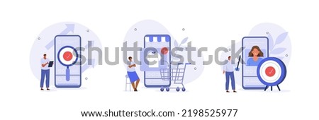 Digital marketing illustration set. Characters analyzing mobile market trends, planning seo optimization and targeting strategy. Business activities concept. Vector illustration.