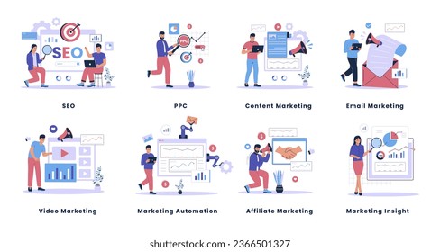 Colección de conjunto de ilustraciones de marketing digital. Optimización de motores de búsqueda, ppc, marketing de contenido, email marketing, marketing automatizado, comprensión. ilustración de diseño plano