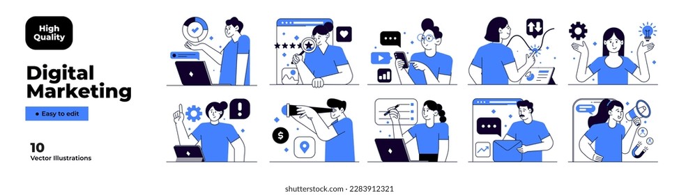 Digital Marketing illustrations. Big set. Collection of scenes with men and women taking part in business marketing activities. Trendy vector illustration