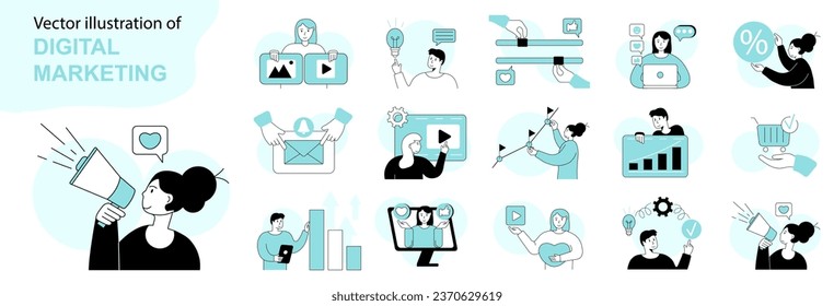 Ilustraciones de marketing digital. Gran conjunto. Colección de escenas con hombres y mujeres involucrados en diversas situaciones de negocios. Ilustración vectorial.