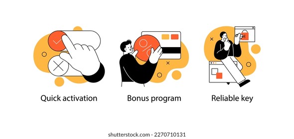 Digital Marketing illustrations. Collection of scenes with men and women taking part in business activities. Trendy vector style