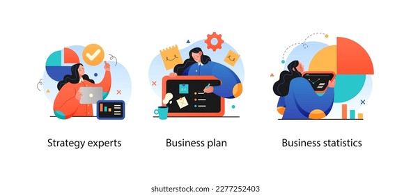 Digital Marketing illustrations. Collection of scenes with men and women taking part in business activities. Trendy vector style